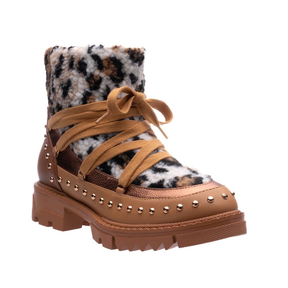 Sporty Trendy Womens Warm Brown Leopard Ankle Chunky Fur Lace Boots